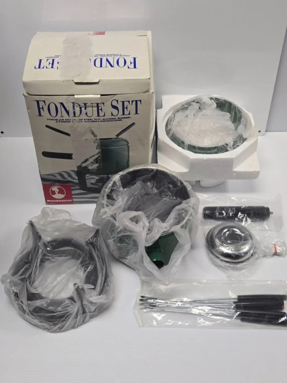 Rare Hunter Green Roshco Porcelain Enamel Fondue Pot Set 58901 Vintage Green